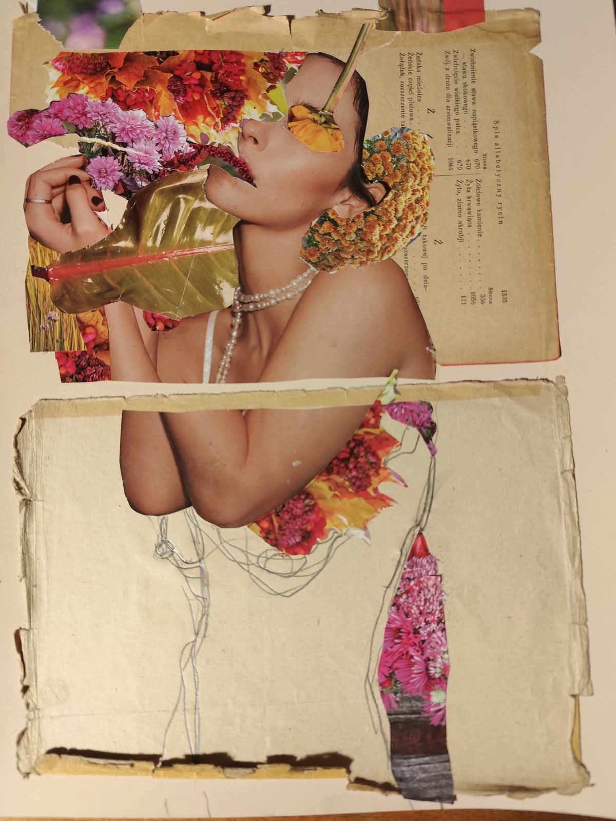 Collage by Jaga Jundt: a female figure, flowers, paper fragments and pencil drawing